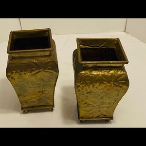 HOSLEY Embossed Square Brass Footed Vases, set of 2